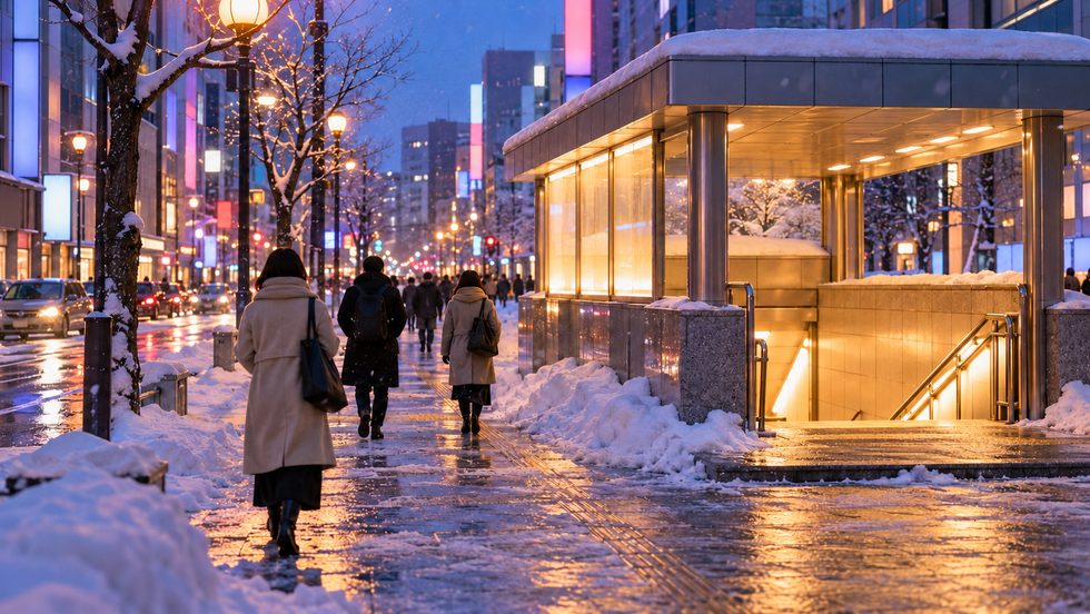 すすきの駅周辺の冬の街並みと通勤風景(札幌)