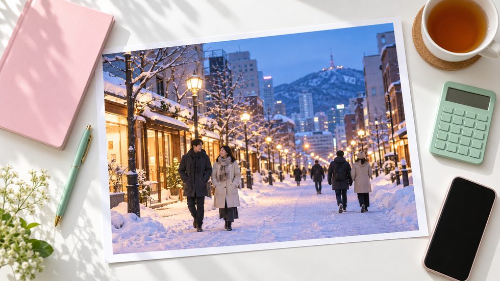 雪の降る冬の札幌の街並み(冬の通勤のイメージ)