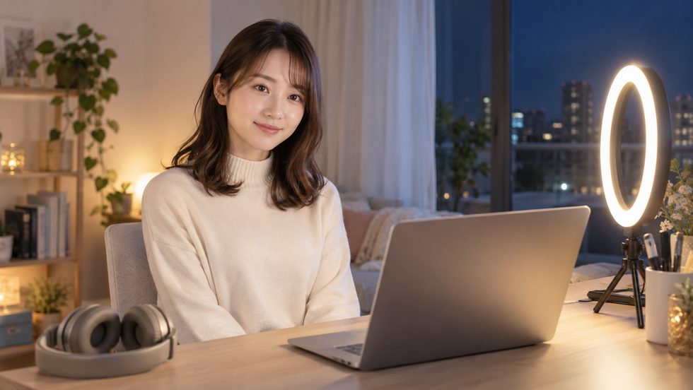 夜に在宅で配信を始める前のデスク(パソコン・ヘッドホン・ライト)
